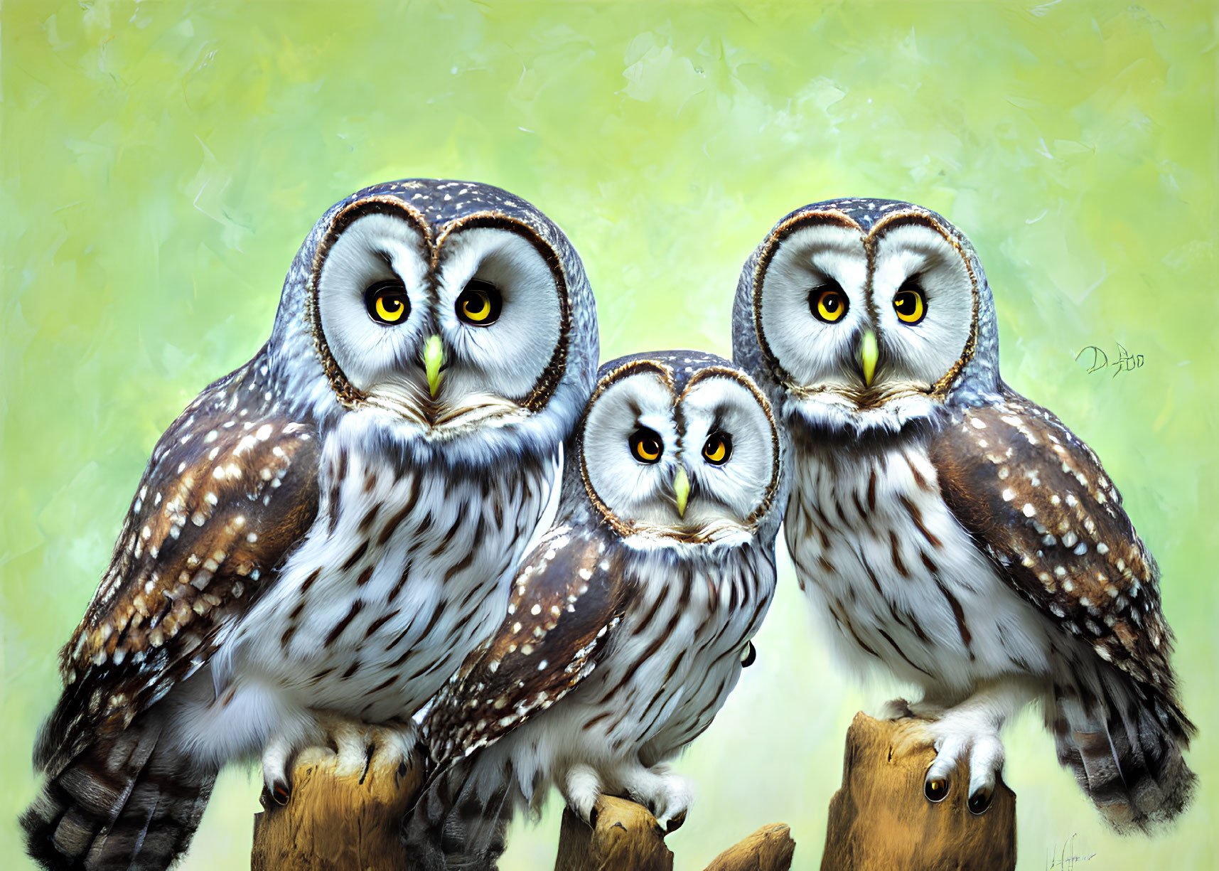 Realistic illustrated owls with yellow eyes on green textured background