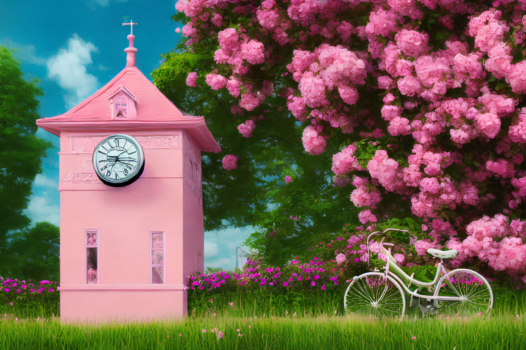 Pink clock tower, cherry blossoms, white bicycle, and lush greenery in serene setting