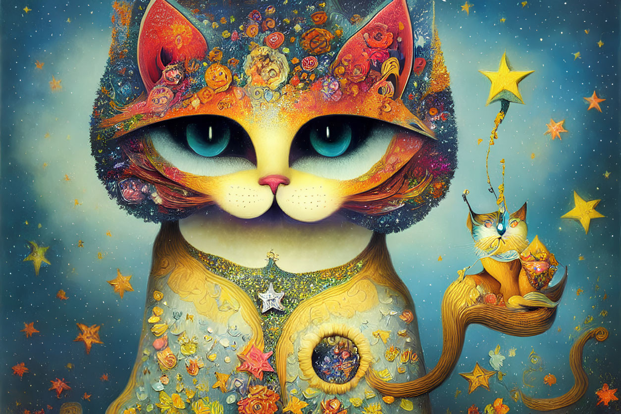 Colorful Cosmic Cat Artwork with Floral Pattern and Stars