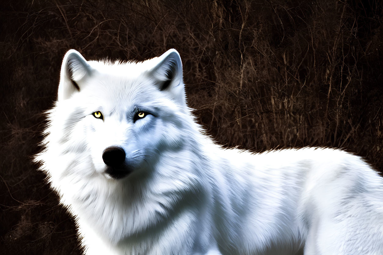 Majestic white wolf with piercing yellow eyes in natural setting