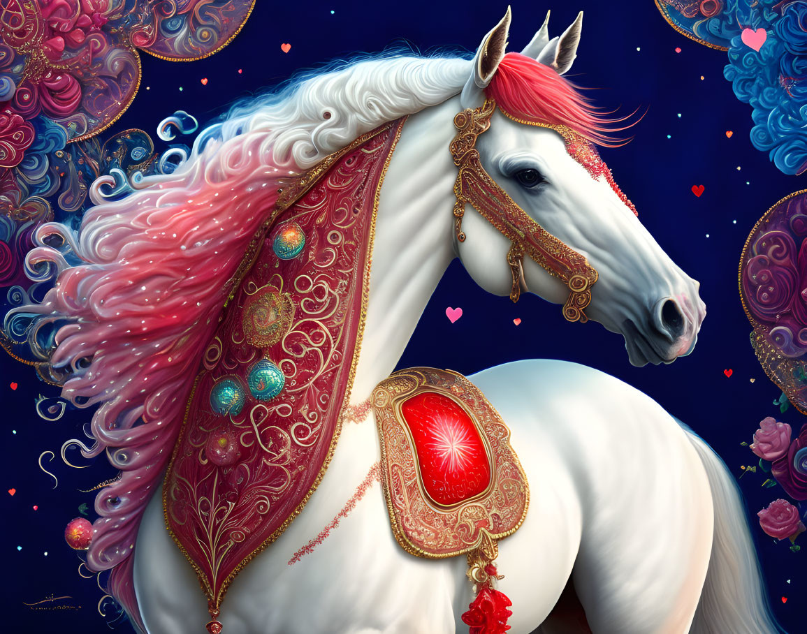 White Horse with Pink Mane and Ornate Tack on Blue Background