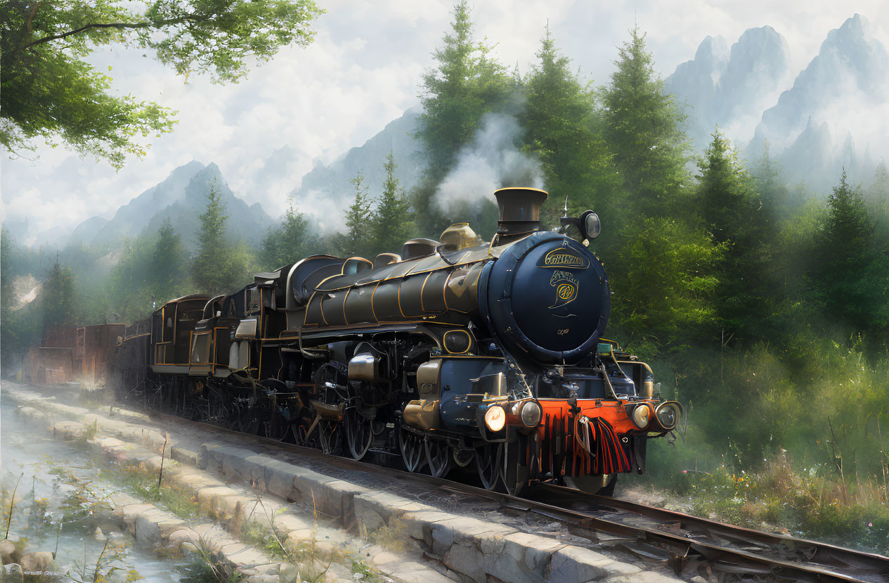 Vintage Black Steam Locomotive with Golden Trim on Tracks in Forest Landscape