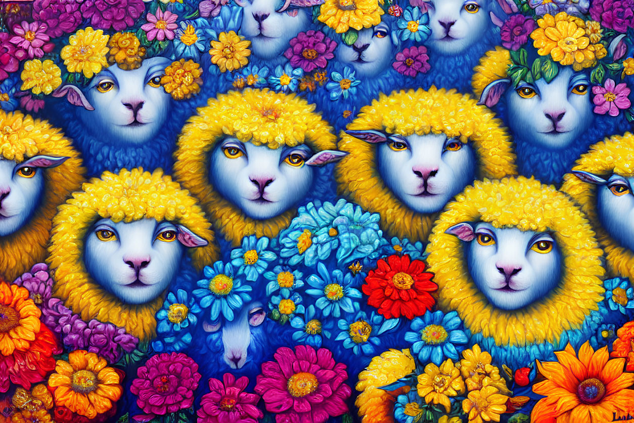 Colorful Whimsical Blue Sheep Illustration with Floral Background