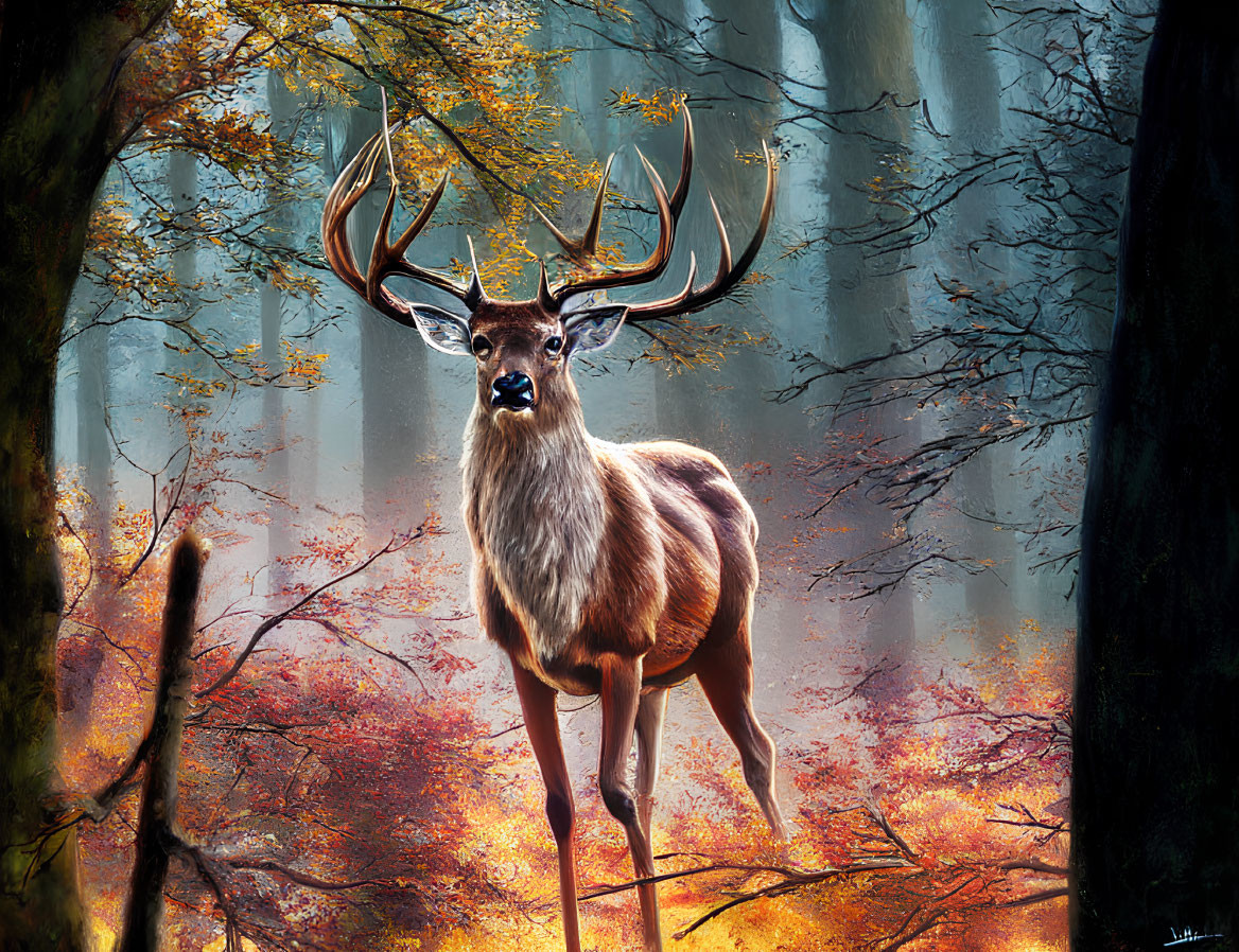 Majestic stag with impressive antlers in mystical forest setting