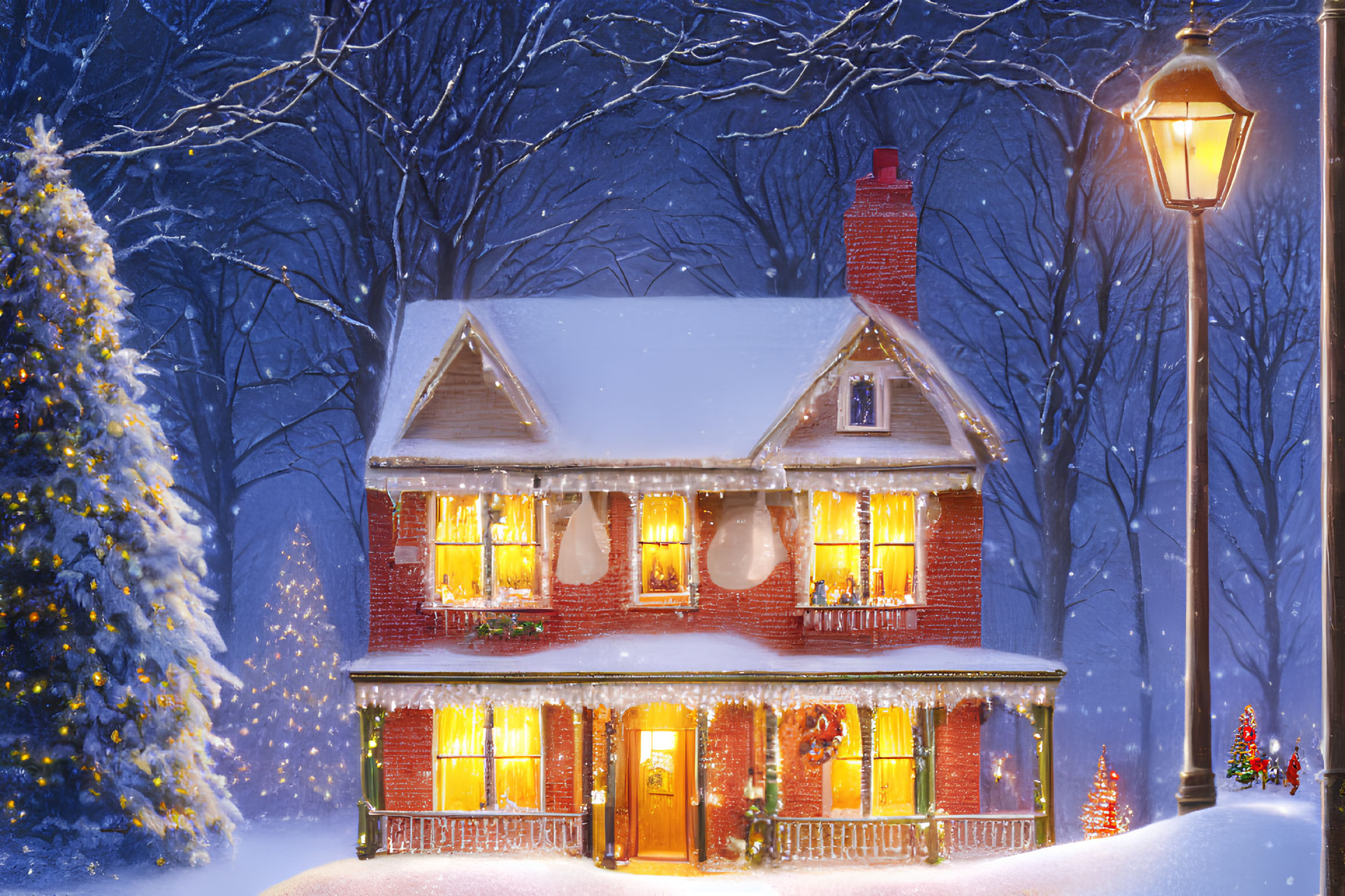 Festive two-story house with Christmas decorations in snowy evening