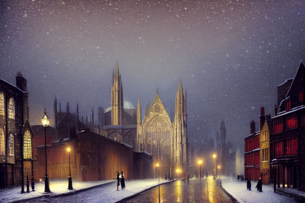 Snowy evening with couple near Gothic architecture and cathedral under twilight sky.