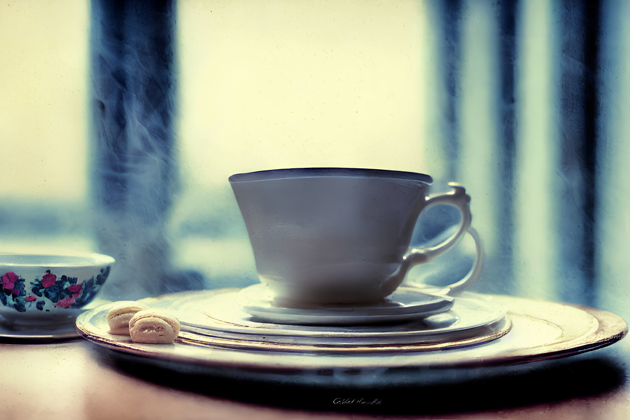 Vintage-style image of steamy cup of tea, saucer, biscuit, and curtains.