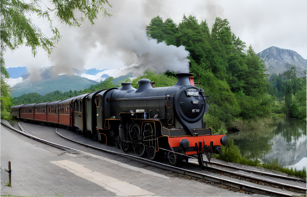 Vintage Steam Locomotive Pulling Red Carriages Along River Tracks