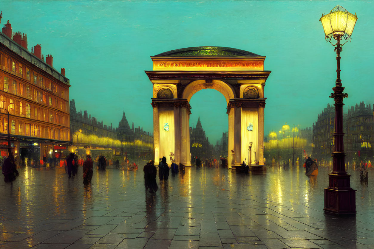 City evening scene with illuminated archway, bustling crowd, wet ground, and vintage street lamps.