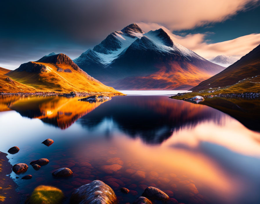 Tranquil Lake with Mountain Range and Sunset Sky