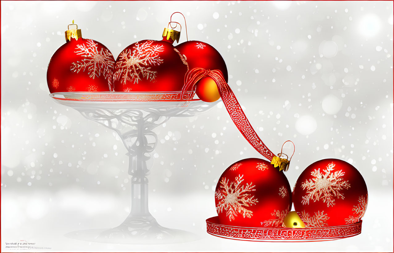 Red Christmas Baubles with Snowflake Designs on Glass Stand in Snowy Setting