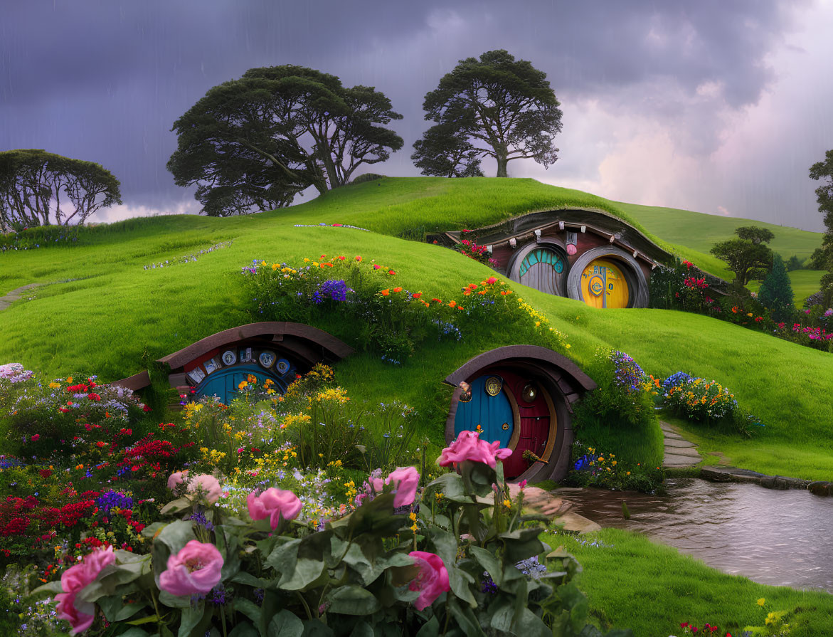 Vibrant flowers and hobbit-hole doors in lush green hills under a moody sky