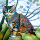 Mechanical steampunk-style cat with gear and clockwork details in lush floral setting