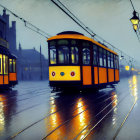 Vintage Trams on Wet Cobblestone Street at Dusk