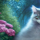 White Cat with Green Eyes Beside Colorful Flowers in Mystical Forest