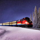 Bright headlamp train in snowy night landscape