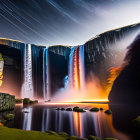 Night sky with star trails over illuminated waterfall in orange light