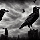 Monochrome artwork of ravens in barren trees under stormy sky