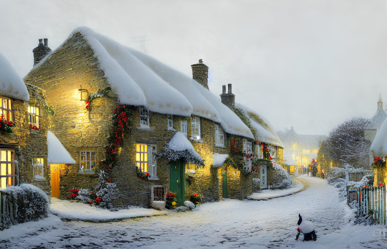 Snow-covered cottages with Christmas decorations and a cat in snowy street at dusk