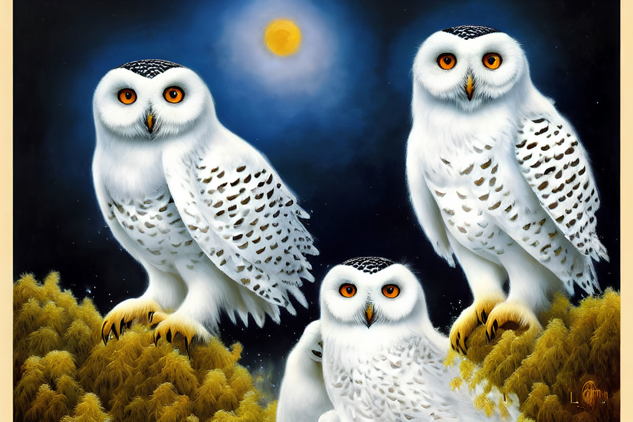 Three snowy owls perched under full moon in night sky