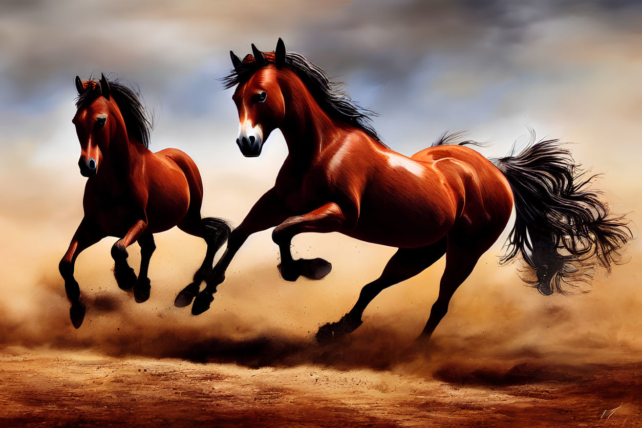 Majestic horses galloping under dramatic sky