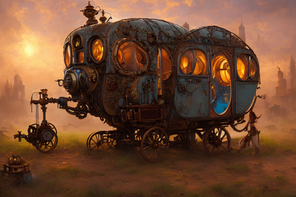 Steampunk-style caravan in dusk-lit landscape with glowing windows