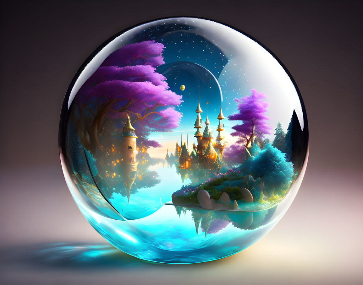 Colorful Trees, Whimsical Castle, Serene Landscape in Transparent Sphere