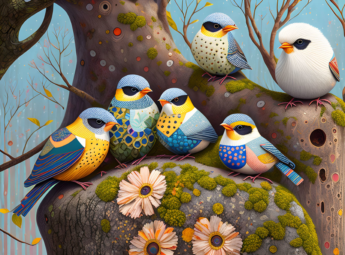 Vibrant stylized birds perched on tree branch in whimsical forest