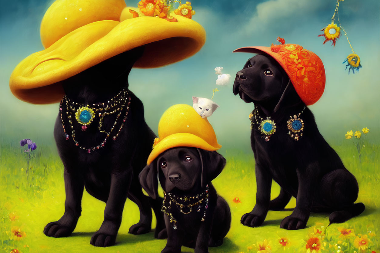 Stylized dogs in ornate yellow hats with kitten in whimsical field