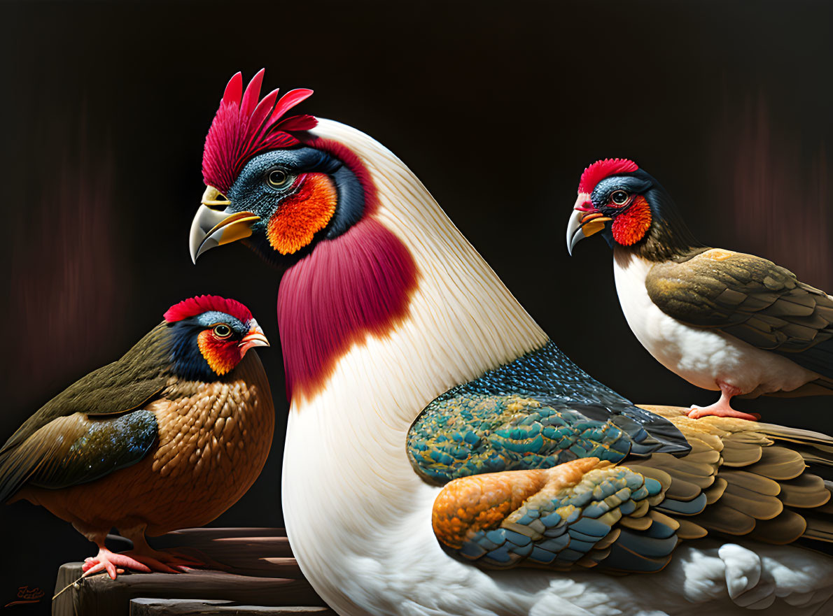 Colorful Birds Perched on Branches in Dark Background