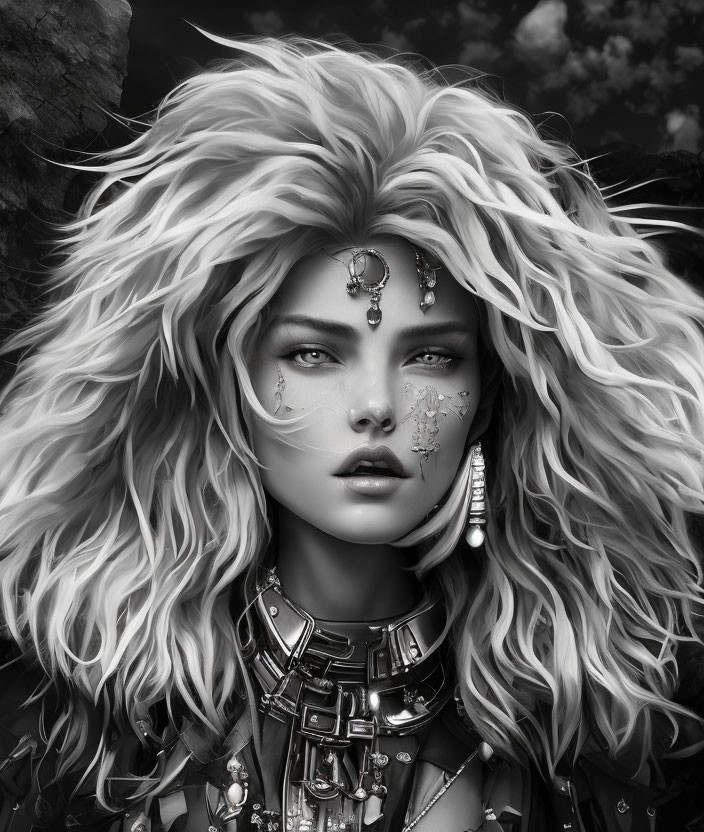 Monochrome portrait of woman with wavy hair and intricate jewelry