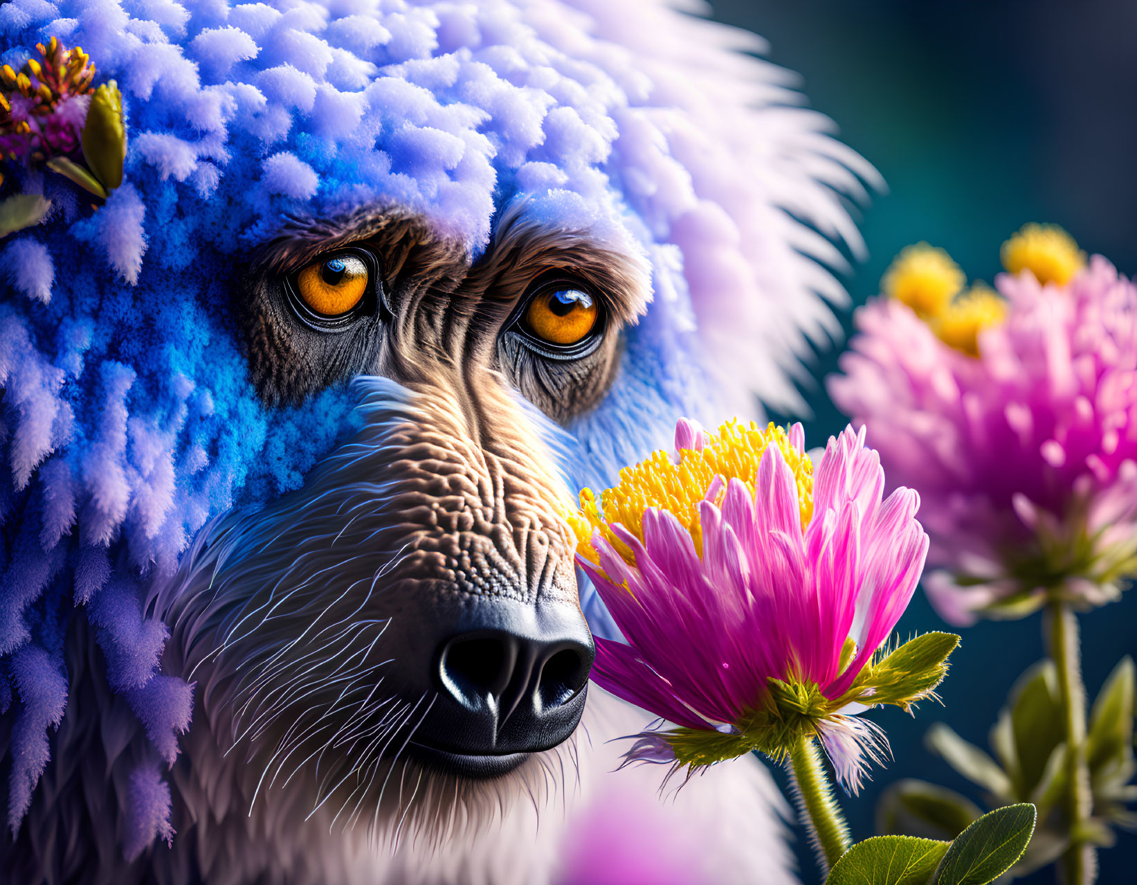 Detailed surreal illustration: Blue-furred monkey surrounded by vibrant flowers