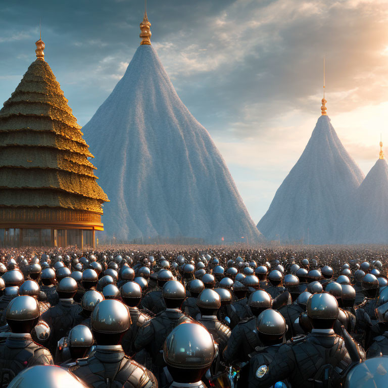 Futuristic armor assembly near cone-shaped mountains and traditional pagoda at sunset