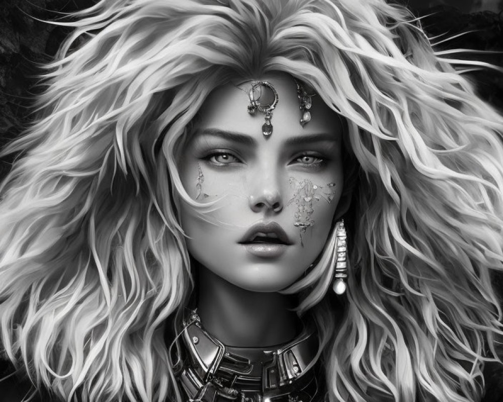 Monochrome portrait of woman with wavy hair and intricate jewelry