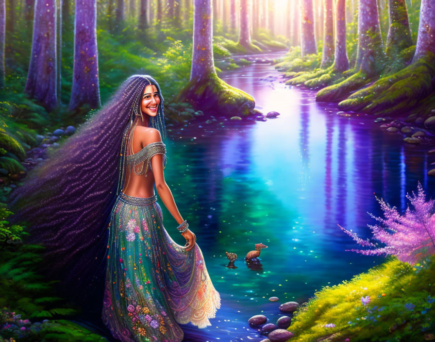 Smiling woman by forest stream in colorful dress