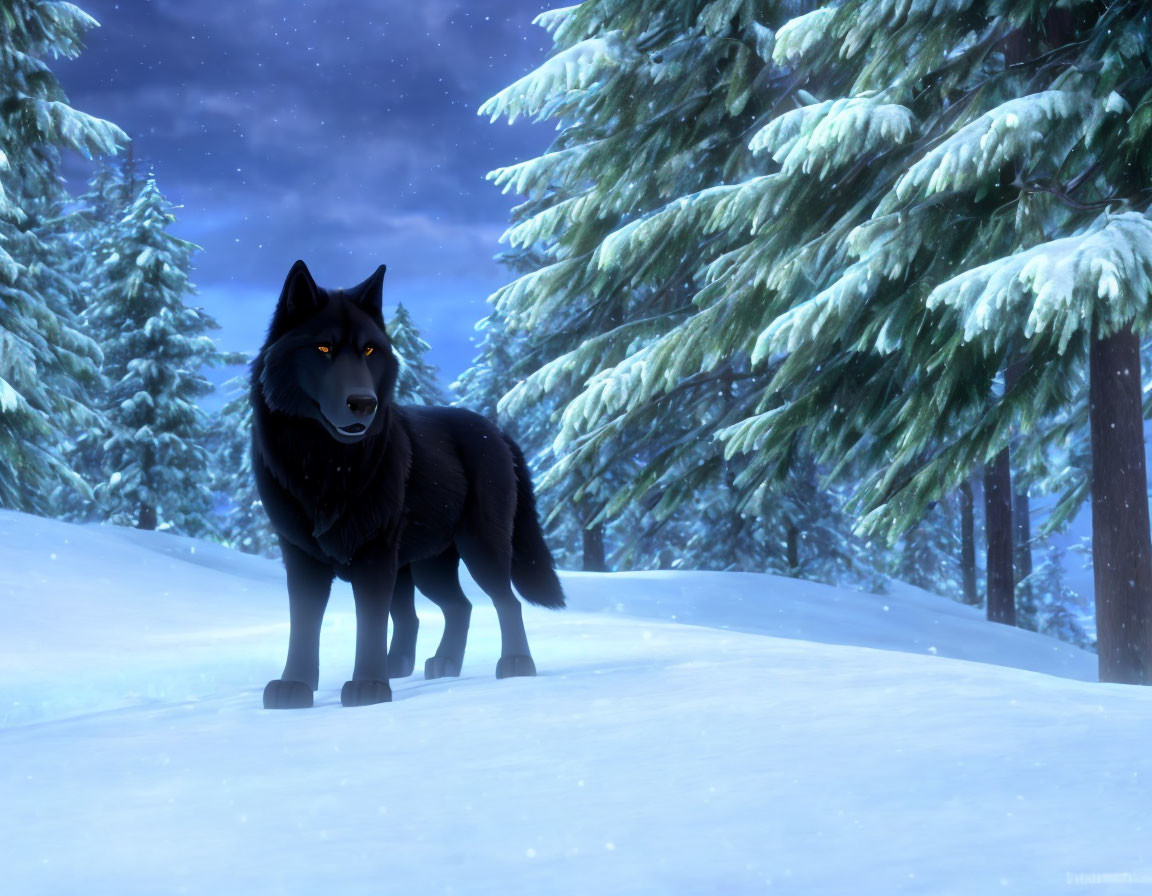 Black wolf in snowy forest with starry sky