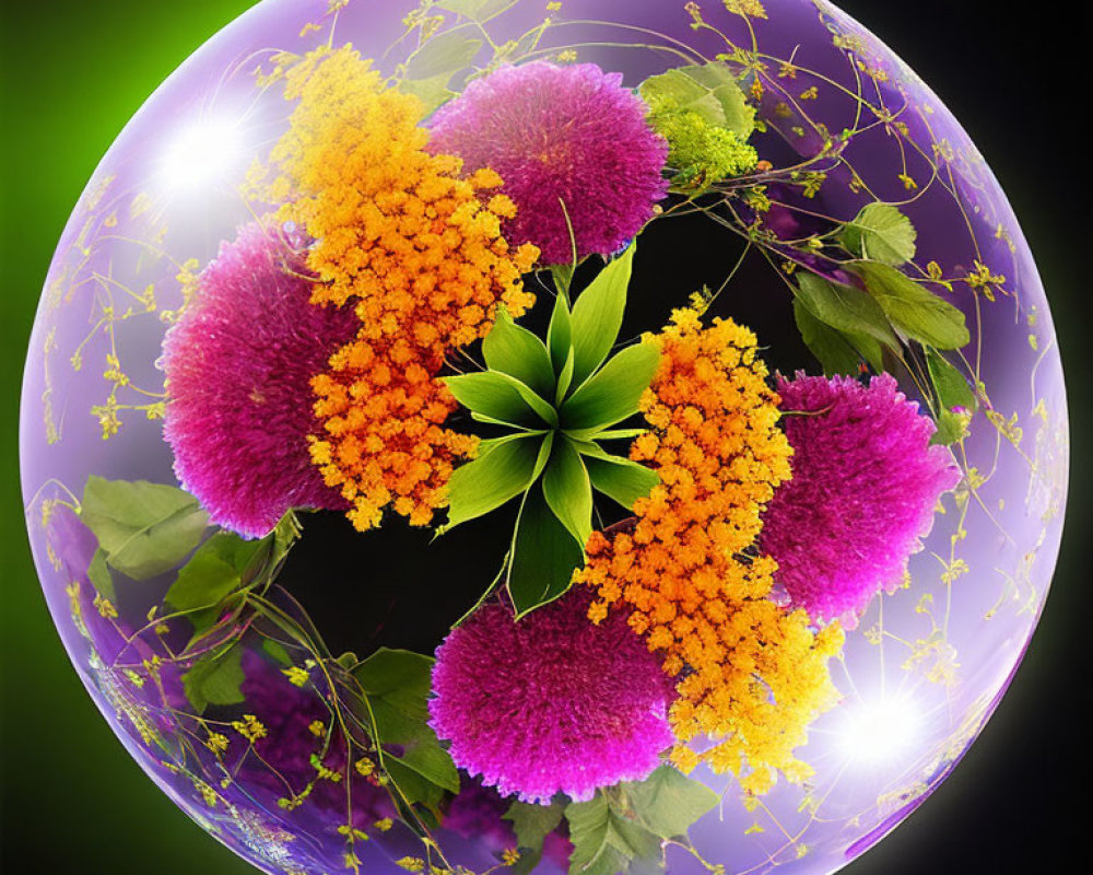 Colorful Flowers and Leaves in Shimmering Bubble on Dark Background