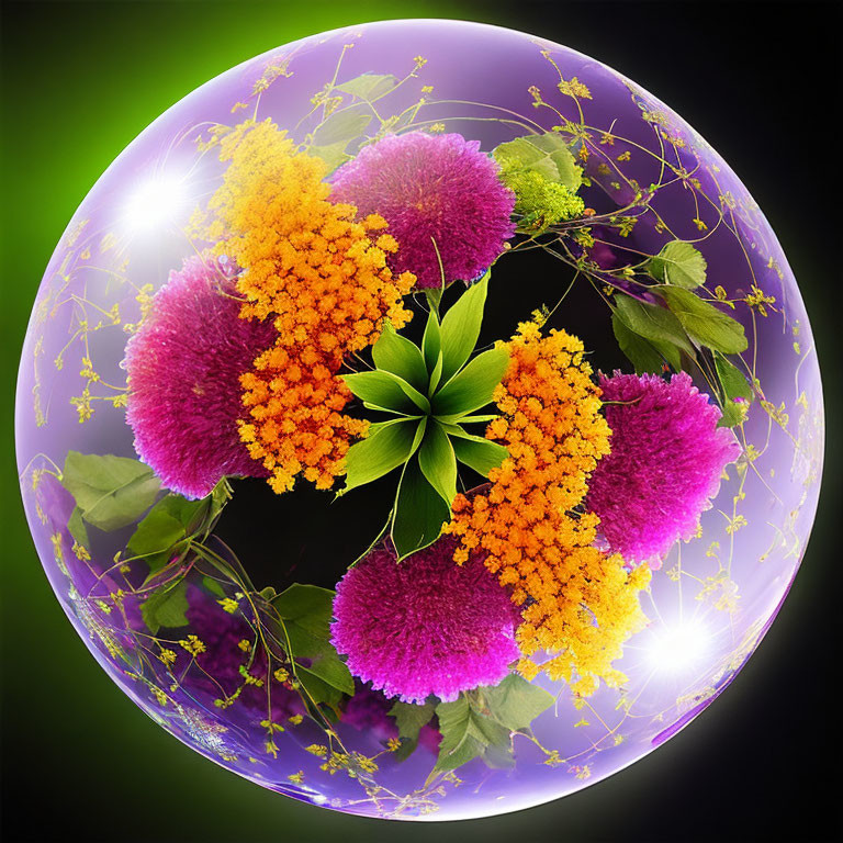 Colorful Flowers and Leaves in Shimmering Bubble on Dark Background