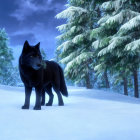 Black wolf in snowy forest with starry sky