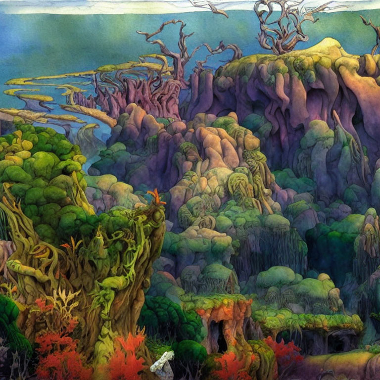 Colorful Landscape Painting with Stylized Trees and Rock Formations