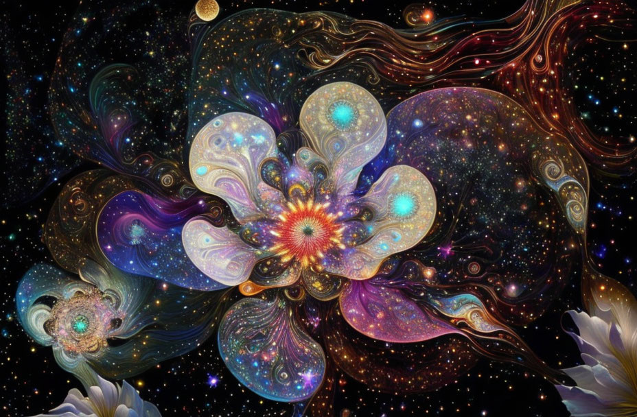 Colorful cosmic flower digital artwork in swirling patterns on starry space background