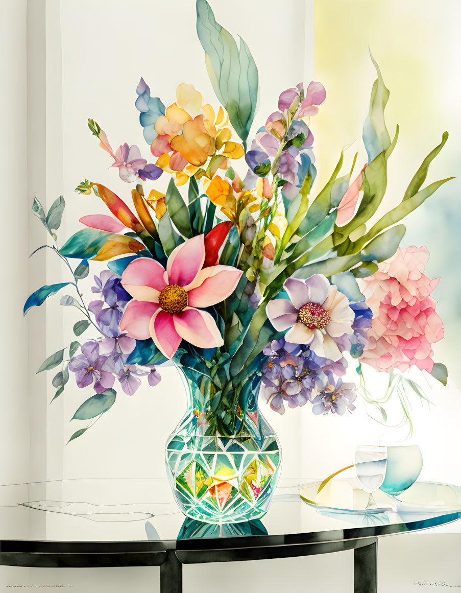 Vibrant flower bouquet in geometric vase on black table with yellow backdrop