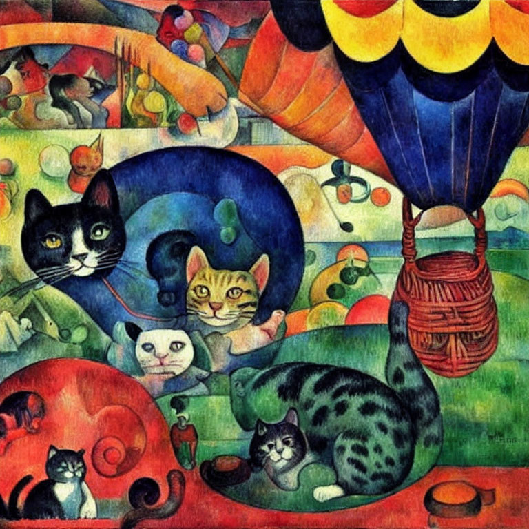 Whimsical cats in colorful painting with hot air balloon