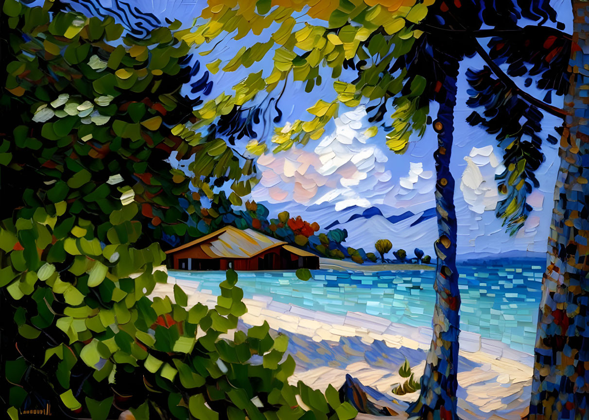 Vibrant impressionistic painting of secluded house by serene lake