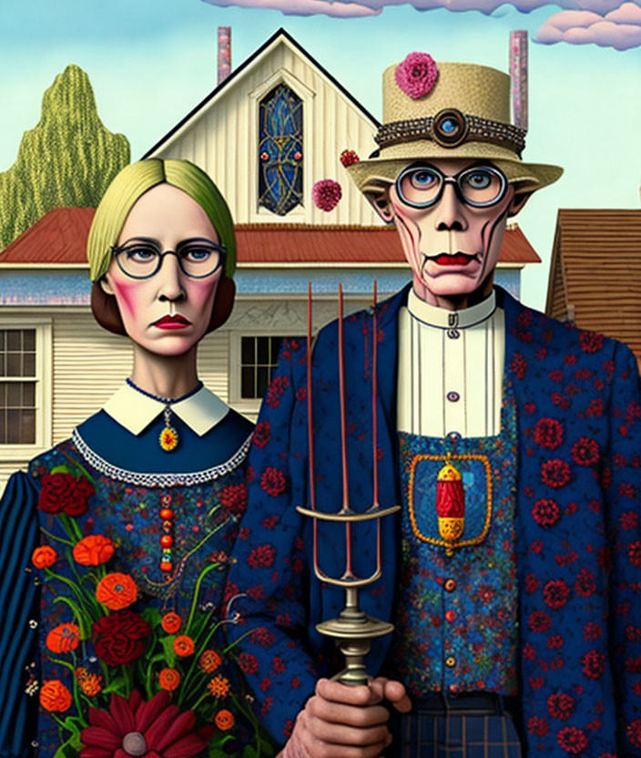 Modern interpretation of 'American Gothic' with exaggerated figures and vibrant background