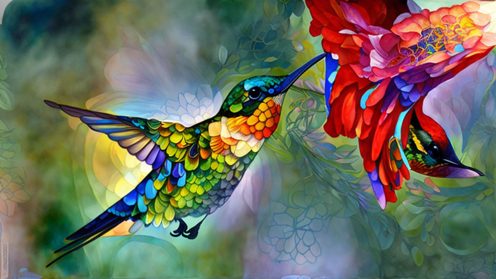 Colorful Stylized Image of Two Hummingbirds and Flower