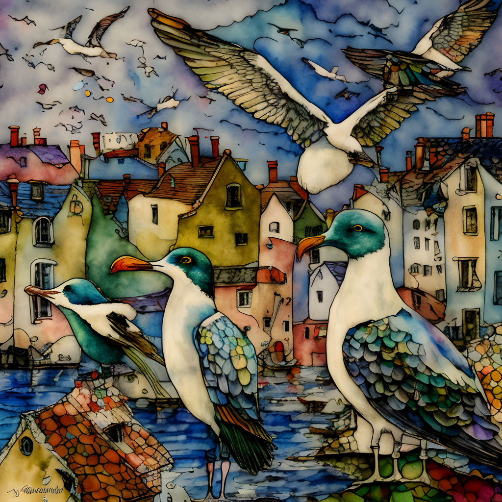 Vibrant illustration of seabirds and coastal houses under dreamy sky