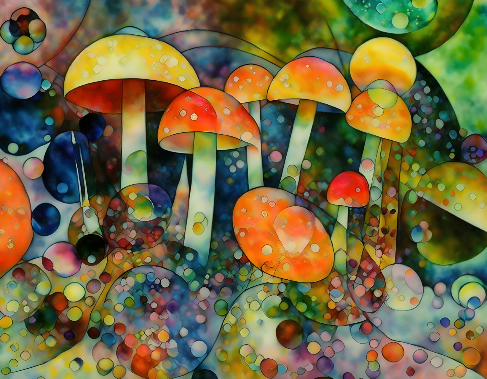 Colorful Stylized Mushroom Artwork with Dreamy Bubble Background