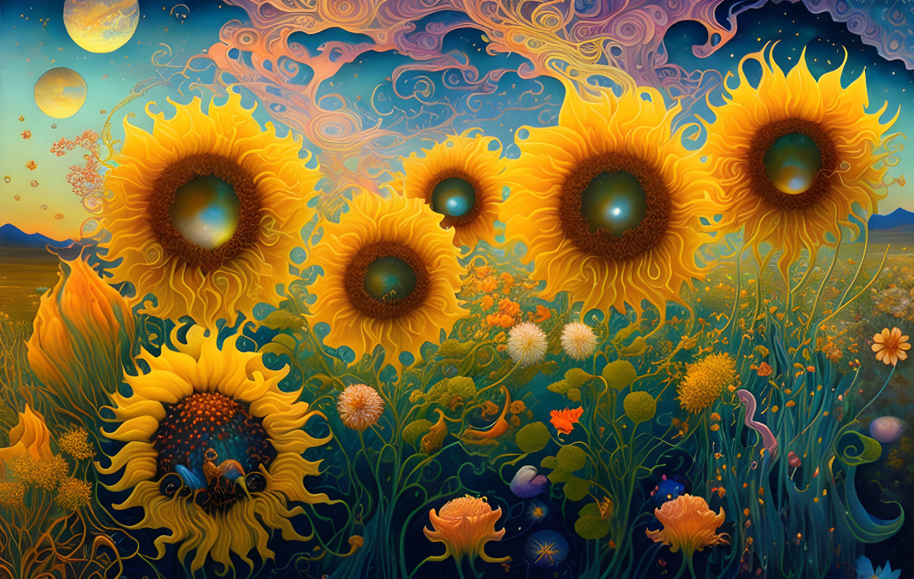 Colorful sunflower field illustration with whimsical sky swirls in vibrant meadow.