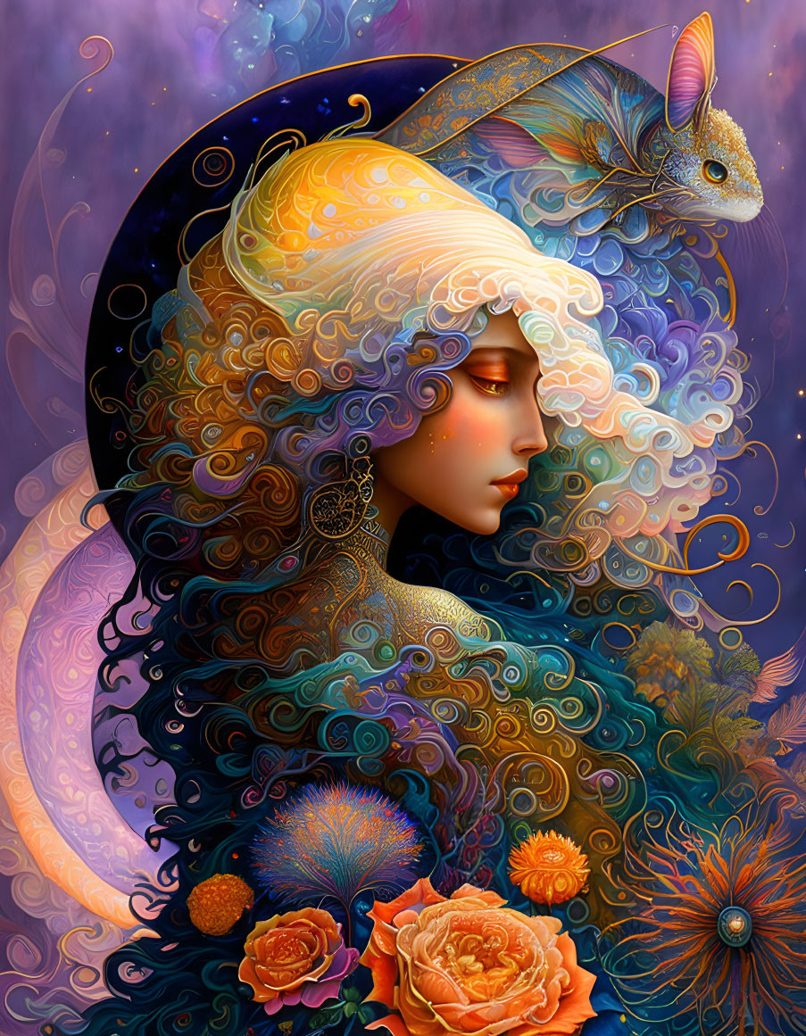 Colorful digital artwork of woman with floral hair and fish in ornate patterns